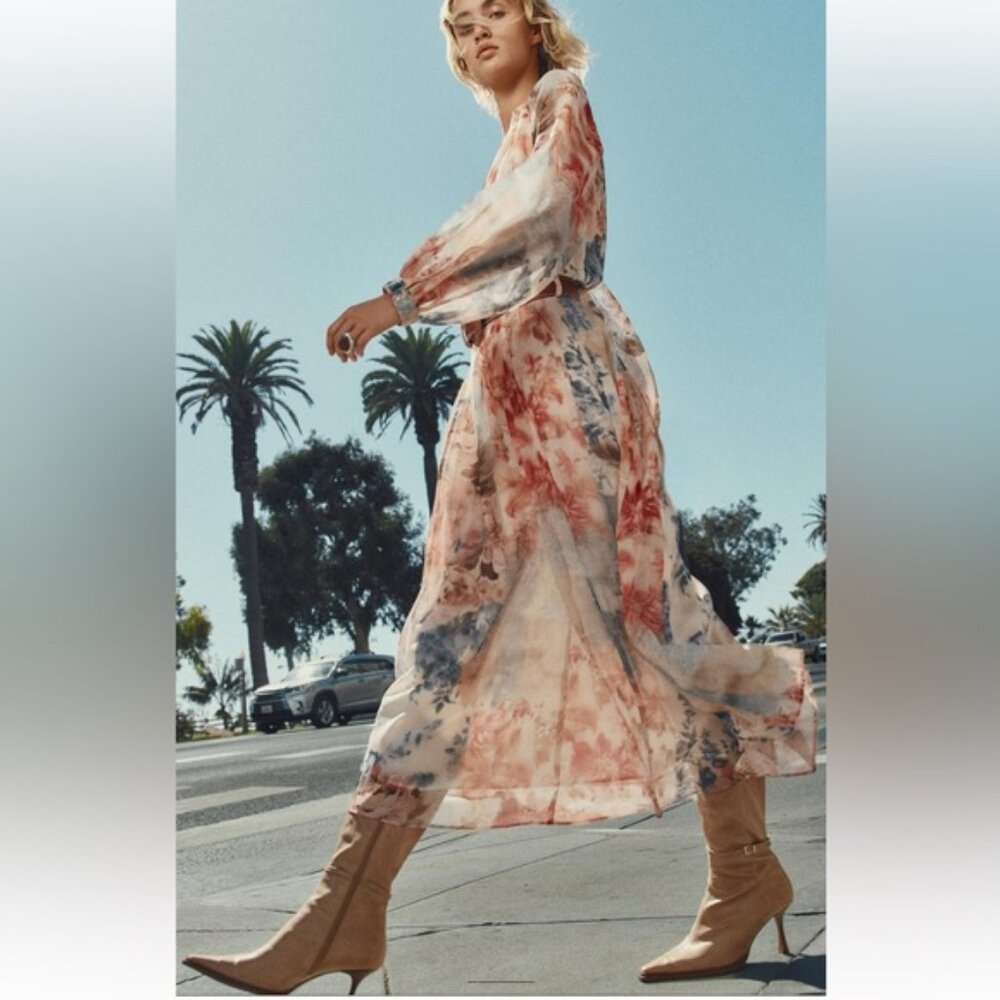 ZARA BELTED FLORAL PRINT MIDI DRESS